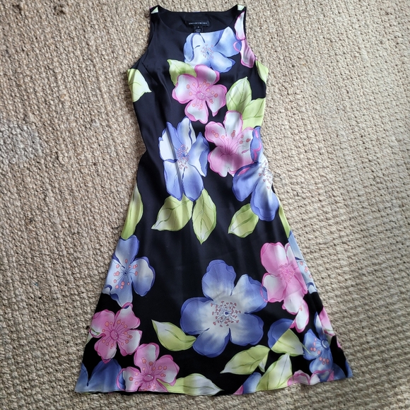 Jones New York Black Silk Dress Midi Floral Hawaiin Vintage  100% Silk Size 10 - Picture 1 of 9